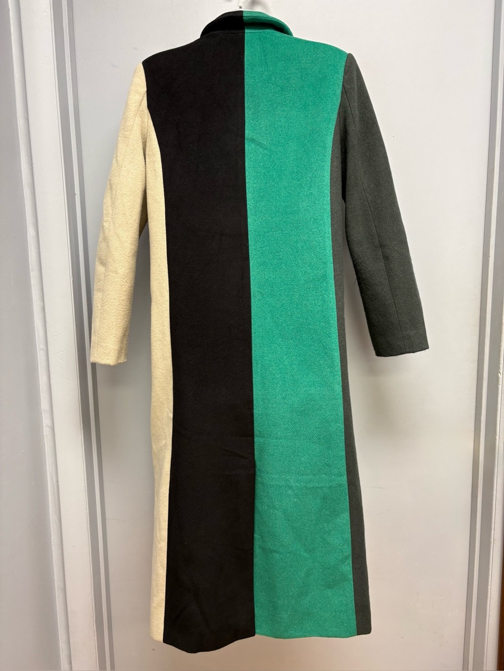 English Factory Colorblock Wool Blend Long Coat Green Black Cream S - Picture 6 of 15